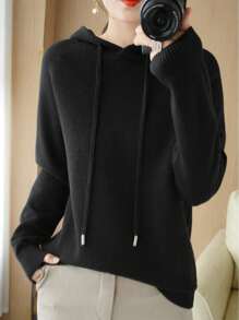 Suéteres para Mujer de Manga Larga con Capucha, Suéter de Punto Acanalado Cuello Redondo - Negro - Ver 5