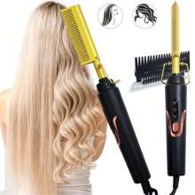 2-In-1 Electric Hot Comb - Ceramic Straightening Comb,Hair Straightening Comb Hair Straightener Brush 60-Minute Auto Shut-Off For Home Use - Gold - View 2