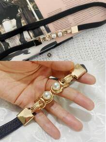 Elegant 1pc Women's Stretchy Skinny Waist Belt With Faux Pearls & Alloy Buckle, Simple & Versatile Decorative Accessory For Sweater, Dress, Loose Fitting Garments Summer, School Fall, Autumn, Halloween