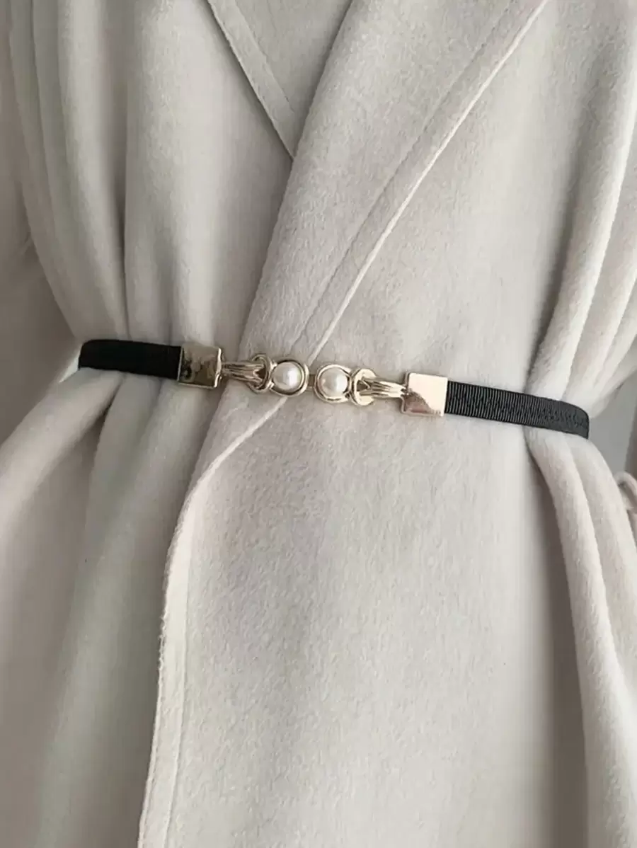 Elegant 1pc Women's Stretchy Skinny Waist Belt With Faux Pearls & Alloy Buckle, Simple & Versatile Decorative Accessory For Sweater, Dress, Loose Fitting Garments Summer, School Fall, Autumn, Halloween