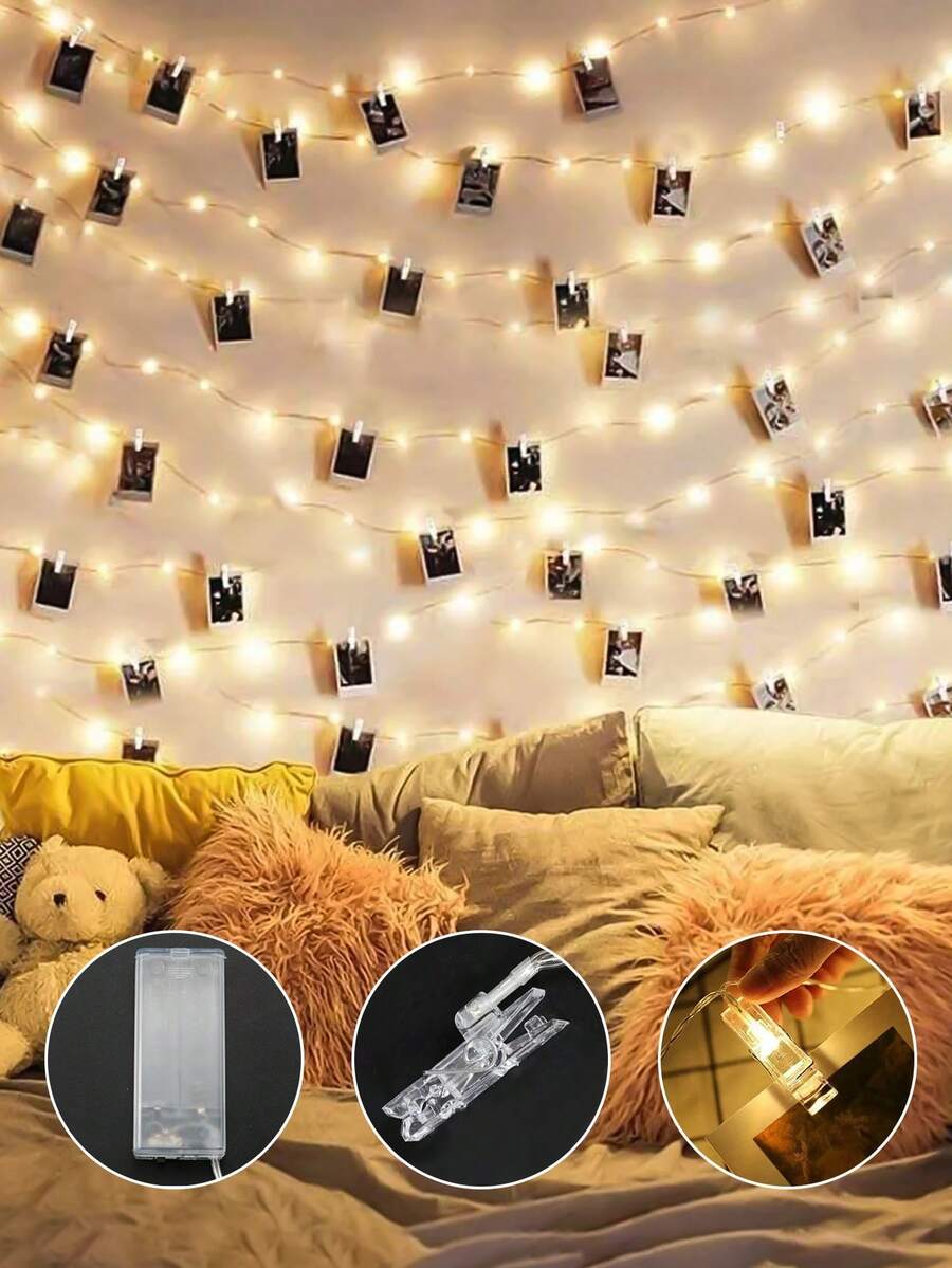 1.5m/3m/6m相片夾鋼絲燈,電池供電,暖白色,非常適合派對、婚禮、節日和聖誕節裝飾