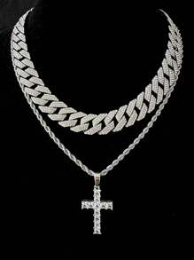 Bộ 2 dây chuyền mặt thánh giá mùa đông phong cách Hip Hop dành cho nam 18mm Miami Chain Link thép không gỉ Bộ trang sức quà tặng - 001+036+015 - Xem 8