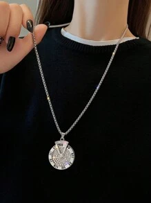 1pc Ins Cold Tone Roman Numeral Design Sweater Chain Titanium Steel Long Necklace For Men, Hip Hop Style With Rotatable Pendant - Silver - View 1