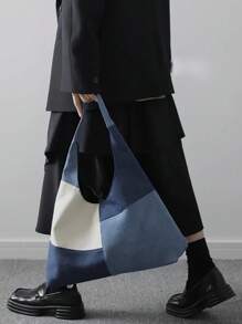 拼接布料女士丹寧單肩包,色塊帆布袋,復古設計女式大型休閒手提袋,腋下包,晚宴包,丹寧手袋,適合女性,女孩,日常使用,休閒,購物,約會,派對,晚餐 - 藍色 - 查看 1