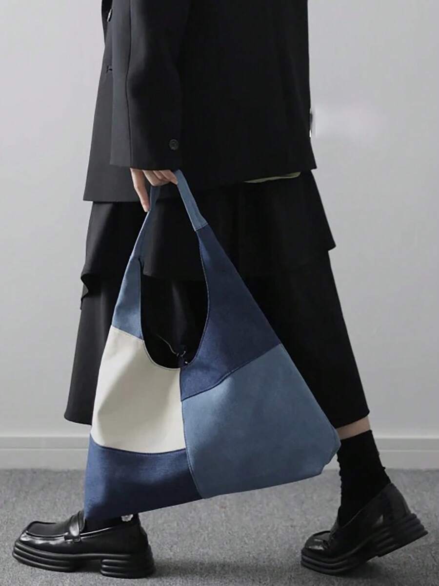 拼接布料女士丹寧單肩包,色塊帆布袋,復古設計女式大型休閒手提袋,腋下包,晚宴包,丹寧手袋,適合女性,女孩,日常使用,休閒,購物,約會,派對,晚餐 - 藍色 - 查看 1