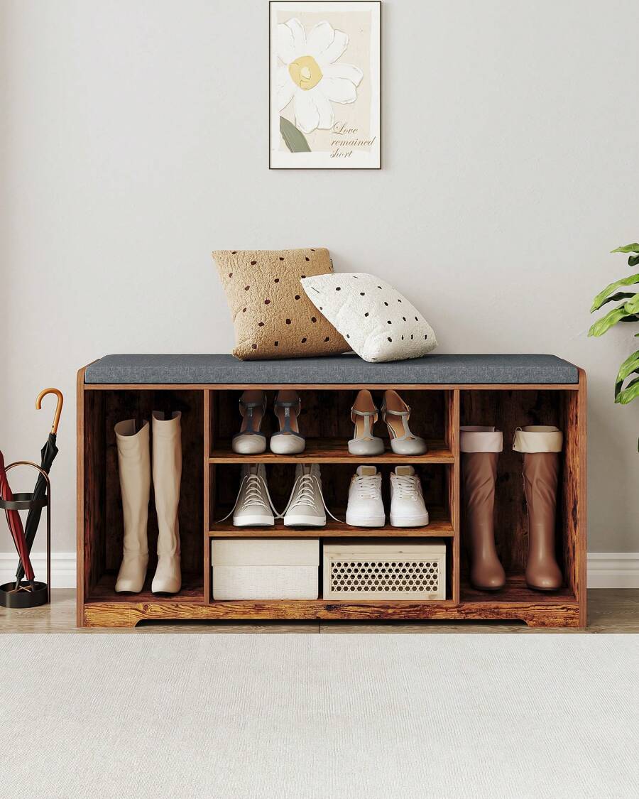HaluPeit Shoe Bench, Shoe Storage With Seat Cushion And 9 Compartments, Adjustable 3-Tier Shoe Rack, For Entrance Area, Hallway, Living Room, Bedroom, 30 X 103 X 52.7 Cm, - 鏽棕色 - 查看 1