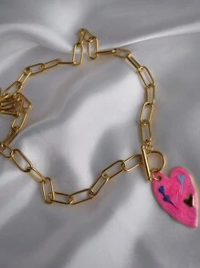 MECYLIFE 1條個性化不鏽鋼紙夾鍊帶龍蝦扣及彩色水滴形樹脂心形吊墜項鍊 - 桃心 - 查看 3