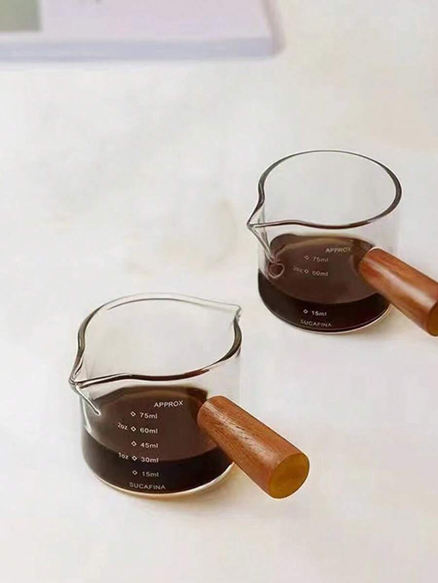 1pc Wooden Double-Spouted Milk Jug With Graduated Measuring Cup For Coffee - Clear - View 1