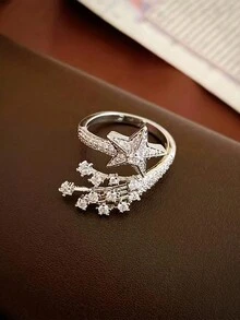 1條豪華彗星形鑲嵌立方氧化鋯優雅開口戒指,適合女性婚禮、派對、情人節禮物 - 銀色 - 查看 6