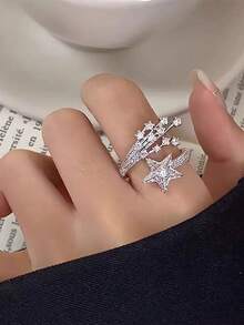 1條豪華彗星形鑲嵌立方氧化鋯優雅開口戒指,適合女性婚禮、派對、情人節禮物 - 銀色 - 查看 3