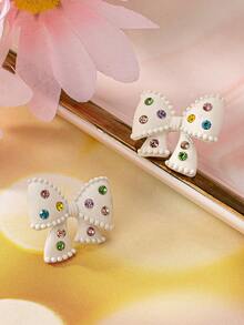 一對鑲鑽蝴蝶結時尚女式日常耳環 - 白色 - 查看 2