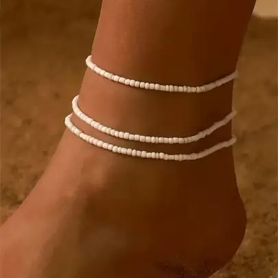 3pcs Bohemian Minimalist Versatile Black, White & Random Colored Beaded Women Beach Anklet