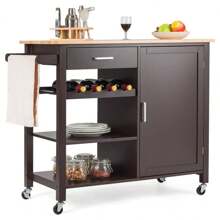 Kitchen Trolley With Worktop, Mobile Wooden Kitchen Island With Drawers, Towel Rack, Wine Bottle Rack, Storage Cabinet, Serving Trolley On Wheels For Kitchen, Dining Room - màu nâu - Xem 1