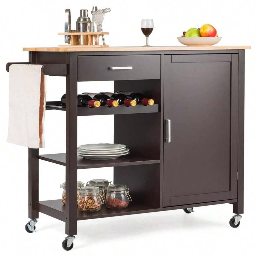 Kitchen Trolley With Worktop, Mobile Wooden Kitchen Island With Drawers, Towel Rack, Wine Bottle Rack, Storage Cabinet, Serving Trolley On Wheels For Kitchen, Dining Room - màu nâu - Xem 1