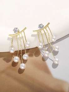 1對假珍珠裝飾耳環,高端時尚流蘇耳環 - 金色 - 查看 2