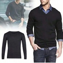 Suéter Casual De Caballero Con Cuello en V Para Hombre,Ropa De Hombre de Lana Color Liso - Gris - Ver 1