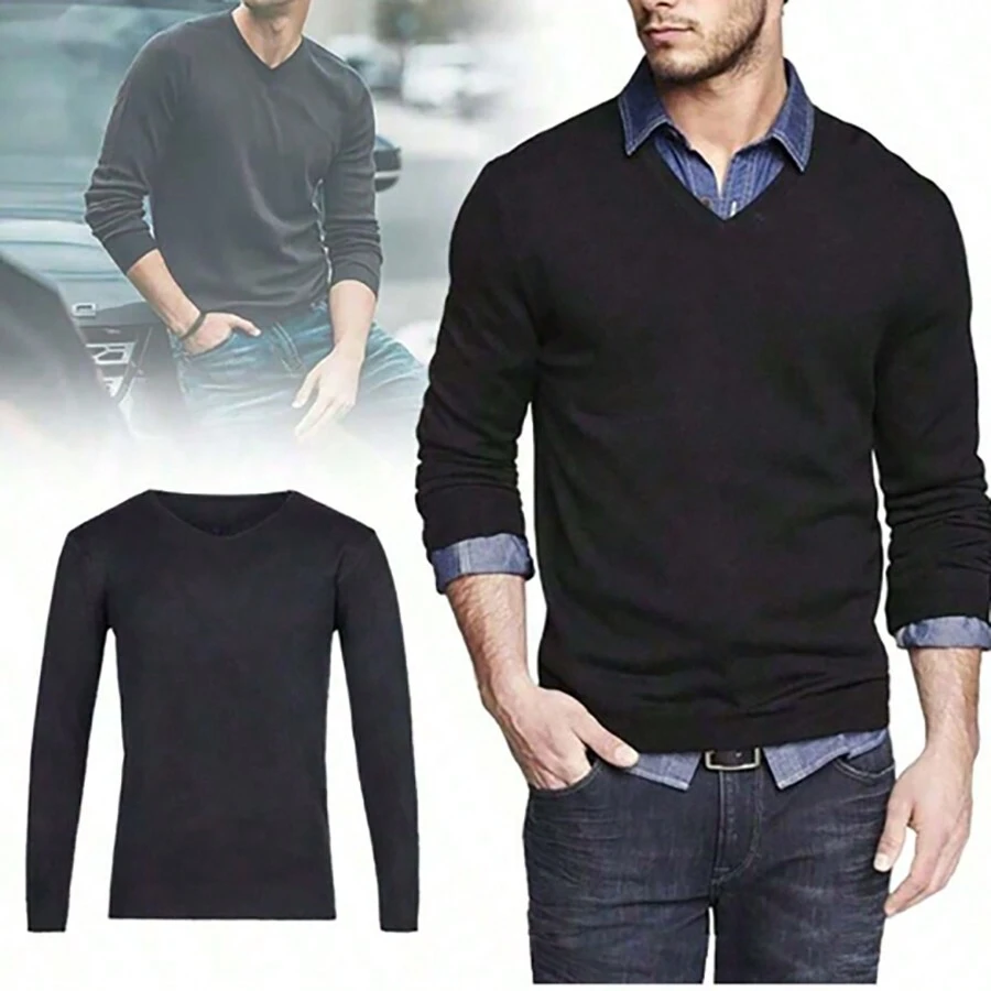 Suéter Casual De Caballero Con Cuello en V Para Hombre,Ropa De Hombre de Lana Color Liso - Gris - Ver 1