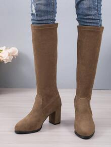 女式厚跟中筒靴,高彈性性感大腿高筒靴 - 卡其色 - 查看 4