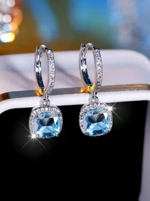 1 Par De Elegantes Y Nobles Pendientes De Lujo Para Mujeres Con Forma Cuadrada Y Piedra Artificial Chapados En Platino, Regalo Perfecto Para Citas