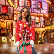 Christmas Sweater LED Light Up Ugly Christmas Tree Built-In Bulbs Holiday Knitted Cardigan Pullover Jump - Red - View 5