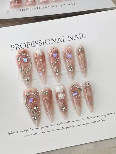 1 Set Of Elegant Honeycomb Shaped Full Drilled Camellia Decor Fake Nails, Reusable And Suitable For Led Light Therapy Press On Nails Nail Supplies