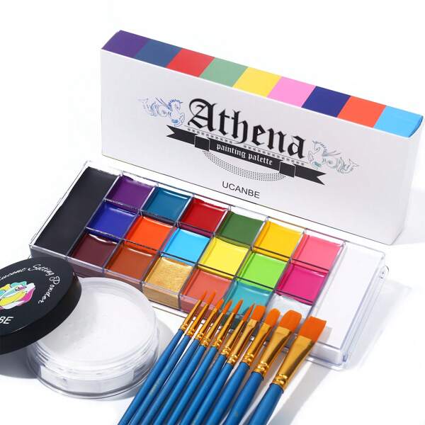 UCANBE Athena Face Body Paint Oil Palette + Translucent Setting Powder + 10PCS Brushes Set, Professional Face Painting Pallet Kit For Halloween SFX Cosplay Clown Makeup For Women Adults