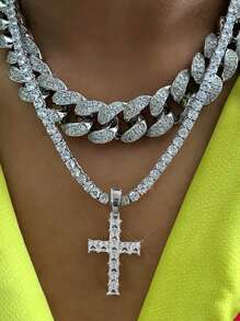 Bộ 2 dây chuyền mặt thánh giá mùa đông phong cách Hip Hop dành cho nam 18mm Miami Chain Link thép không gỉ Bộ trang sức quà tặng - 001+036+015 - Xem 10