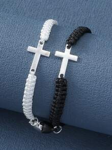 2入組時尚黑白手編手鍊套裝,適用於情侶禮物 - 彩色 - 查看 1