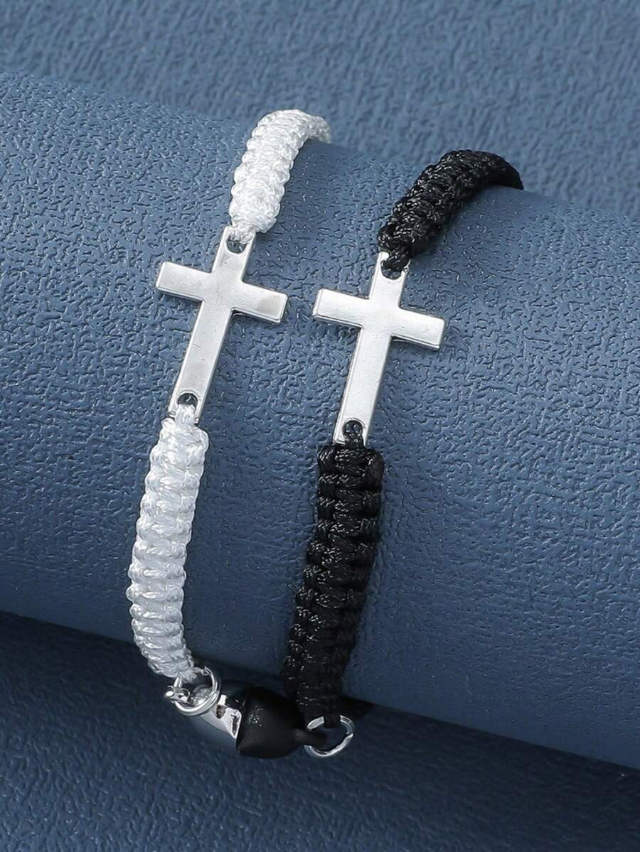 2入組時尚黑白手編手鍊套裝,適用於情侶禮物 - 彩色 - 查看 1