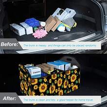 Sunflower With Bud Design Car Trunk Organizer, Automotive Storage Box, With Pocket, Ladies/Men Car Accessories Storage Bag, Suitable For Cars/Suvs/Small Trucks/Trucks (Black) - Yellow - View 4