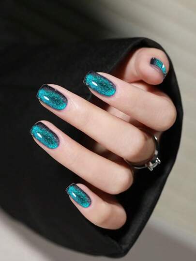 24pcs Blood-Red Crystal & Cat Eye Stone Square Shaped Press On Nails, Full Cover, Suitable For Women's Parties And Daily Wear Nail Supplies