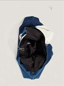 拼接布料女士丹寧單肩包,色塊帆布袋,復古設計女式大型休閒手提袋,腋下包,晚宴包,丹寧手袋,適合女性,女孩,日常使用,休閒,購物,約會,派對,晚餐 - 藍色 - 查看 8