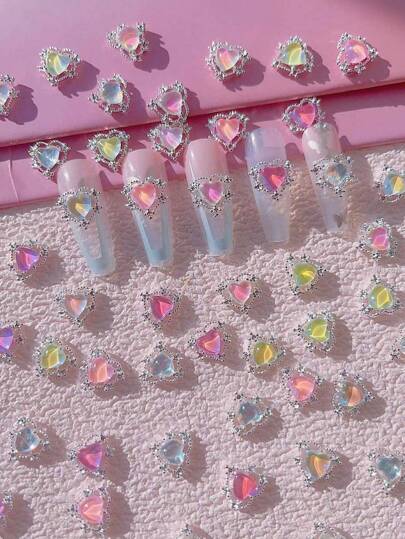 10Pcs New Alloy Heart Glass & Rhinestone Metal 3D Nail Art Decoration Gemstones In Magical Colors Diy Nail Charms Nail Supplies Nails
