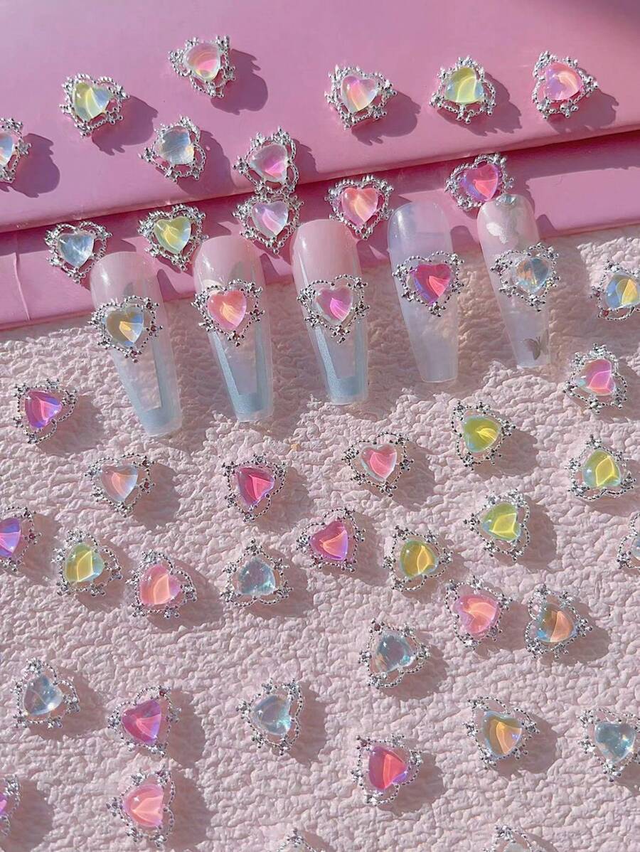 10Pcs New Alloy Heart Glass & Rhinestone Metal 3D Nail Art Decoration Gemstones In Magical Colors Diy Nail Charms Nail Supplies Nails - Multicolor - View 1