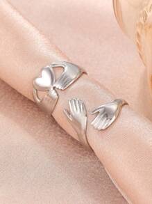 不鏽鋼戒指2023年新款設計環抱心臟可調整情侶戒指,時尚個性化女士珠寶,情人節禮物 - 銀色 - 查看 6