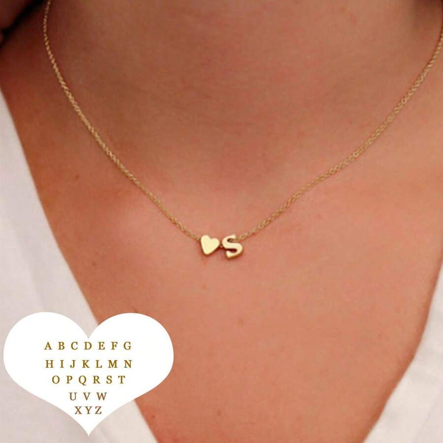 1pc Gold Alloy Simple Fashion 26 Letter Heart Pendant Choker Pendant Couple Necklace Collarbone Chain