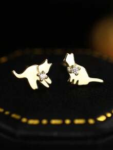 1對925純銀實心卡通貓耳釘,女孩青少年潮流時尚耳環首飾開學禮物