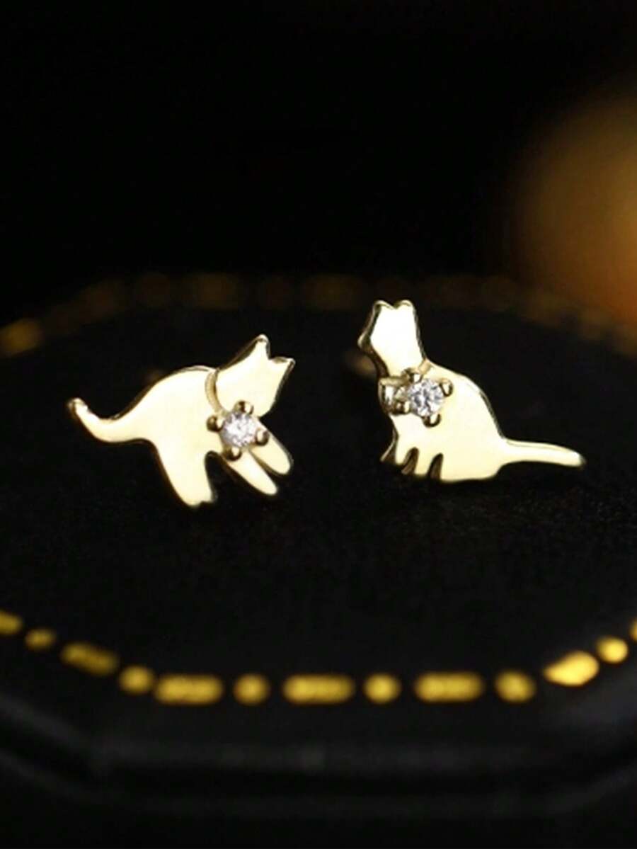 1對925純銀實心卡通貓耳釘,女孩青少年潮流時尚耳環首飾開學禮物