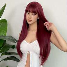 酒紅色26英寸長直合成假髮帶劉海,適用於女性的日常派對和角色扮演 - 彩色 - 查看 5