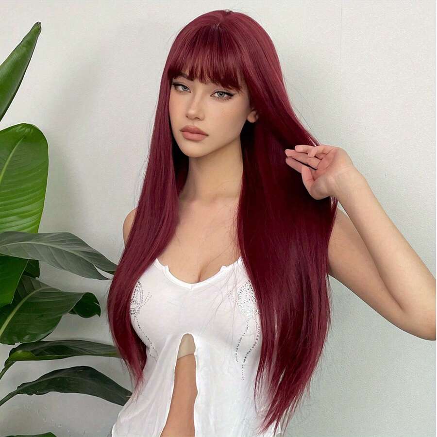 酒紅色26英寸長直合成假髮帶劉海,適用於女性的日常派對和角色扮演 - 彩色 - 查看 1
