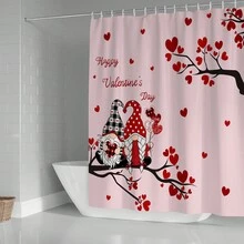 1/4入組浪漫的小矮人情侶心樹淋浴帘套裝,農家情侶假期氛圍淋浴房裝飾品,聚酯纖維防水和防滑地墊、 U型坐墊、馬桶蓋墊、浴室裝飾,12個掛鉤,71x71英寸 - 粉色 - 查看 4