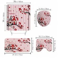 1/4入組浪漫的小矮人情侶心樹淋浴帘套裝,農家情侶假期氛圍淋浴房裝飾品,聚酯纖維防水和防滑地墊、 U型坐墊、馬桶蓋墊、浴室裝飾,12個掛鉤,71x71英寸 - 粉色 - 查看 3