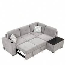 MERAX 83.8" Sectional Pull-Out Sofa Bed L-Shaped Corner Sofa Couch With Storage Chaise, USB Ports, Power Sockets, Cup Holder For Living Room, Bedroom, Study - 淺灰 - 查看 9