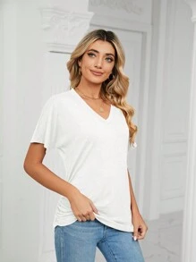 Women's Sports Casual Pullover V-Neck Solid Color Loose T-Shirt