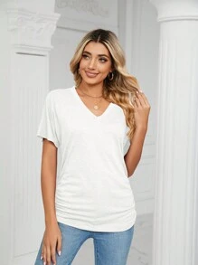 Women's Sports Casual Pullover V-Neck Solid Color Loose T-Shirt