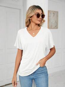 Women's Sports Casual Pullover V-Neck Solid Color Loose T-Shirt