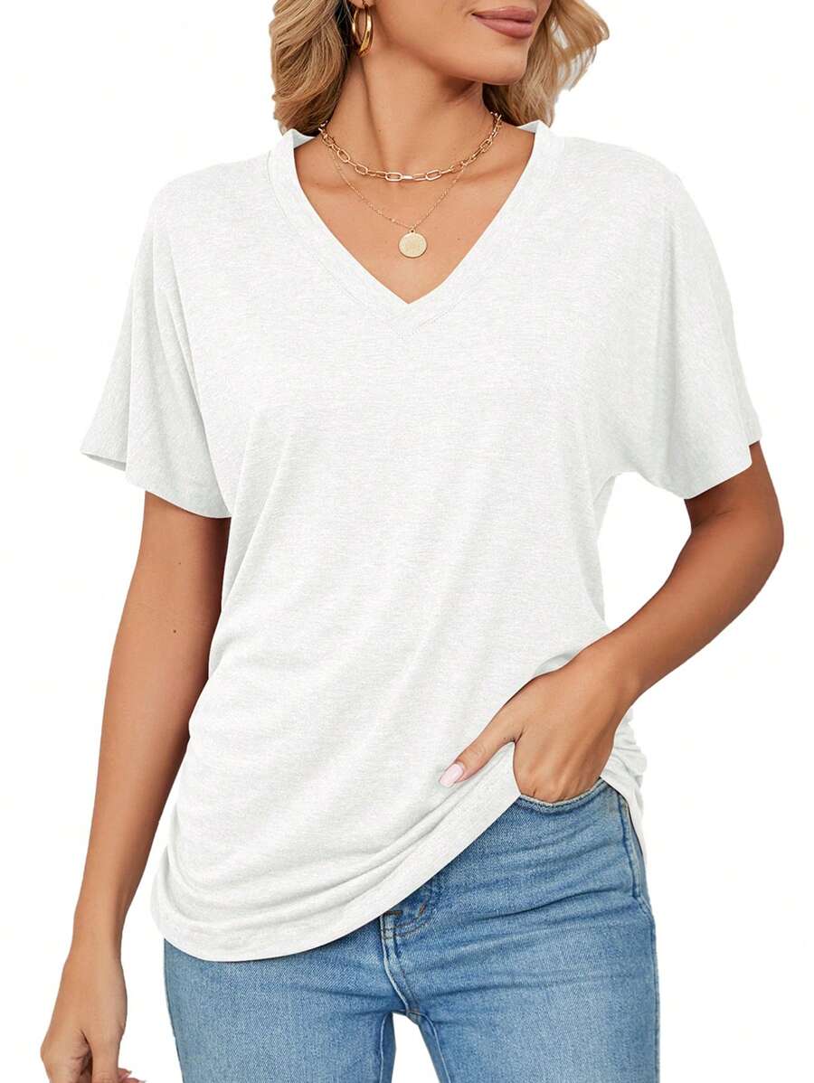 Women's Sports Casual Pullover V-Neck Solid Color Loose T-Shirt