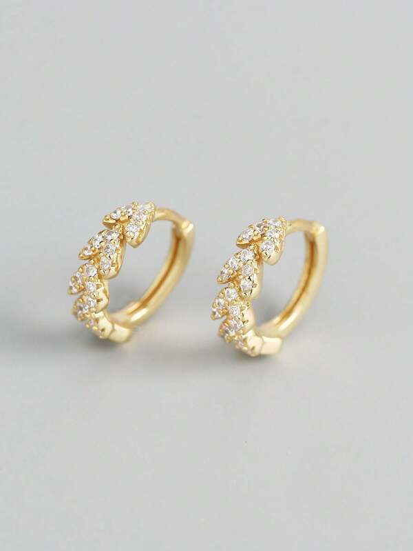 1pair Women's S925 Silver Leaf & Ear Of Wheat Design Earrings With Cubic Zirconia