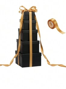 Meching 大型方形套盒,帶蓋禮品盒,黑色堆疊禮盒,帶絲帶卡片,適用於婚禮、生日派對、情人節等各種場合 - 黑色 - 查看 1