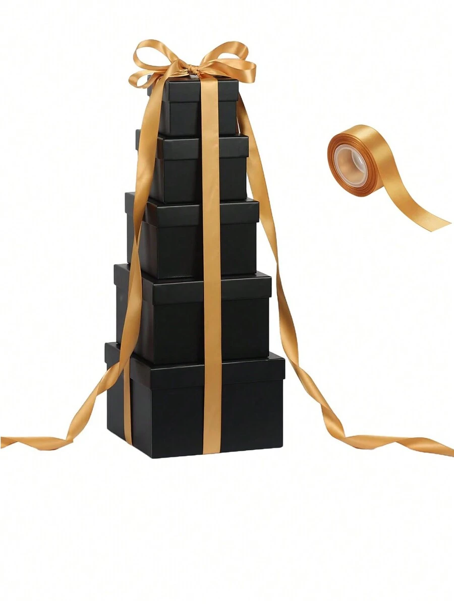Meching 大型方形套盒,帶蓋禮品盒,黑色堆疊禮盒,帶絲帶卡片,適用於婚禮、生日派對、情人節等各種場合 - 黑色 - 查看 1